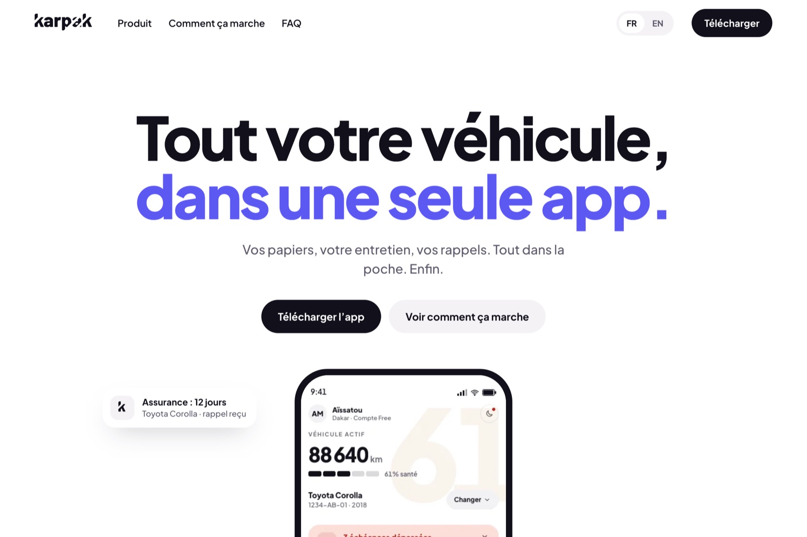 Application Karpak : écran Garage avec le kilométrage, les échéances et les rappels du véhicule