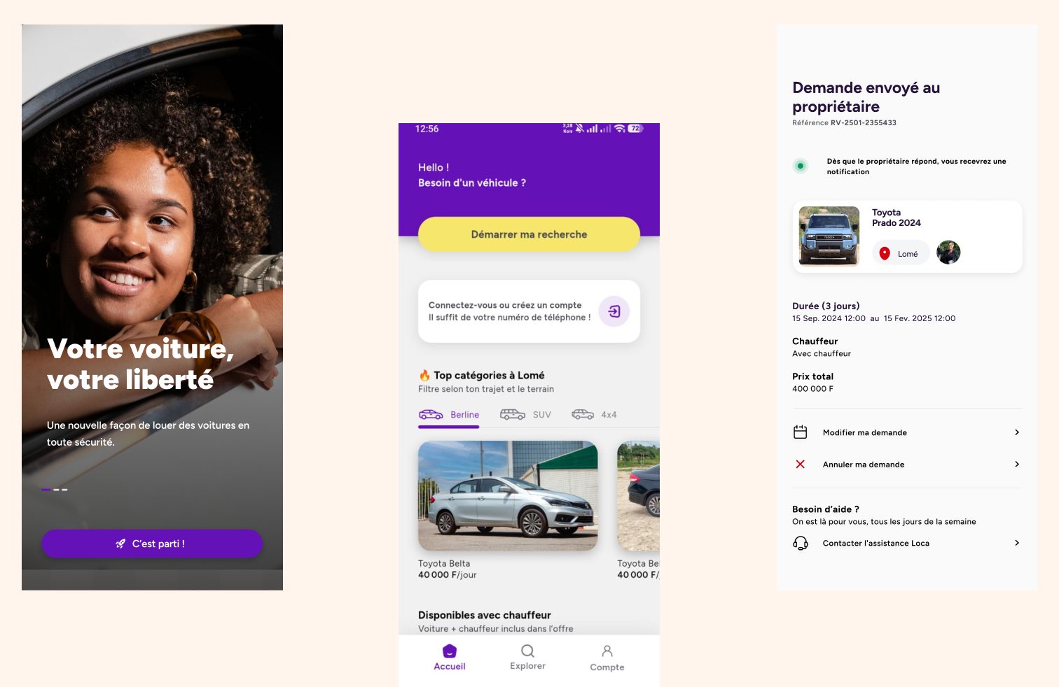 Application Loca : trois écrans de location de voitures entre particuliers